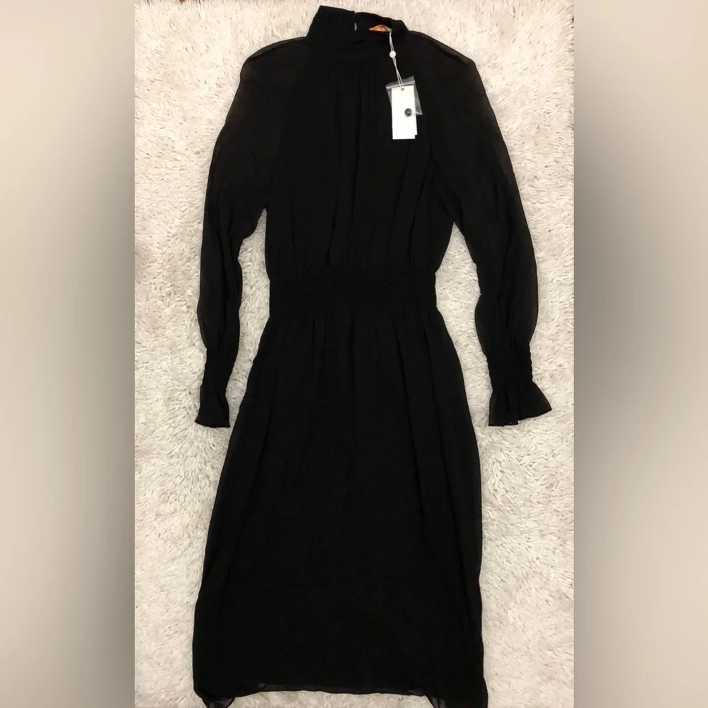 NWT Tory Burch Colette Black Silk Chiffon Sheer Long Sleeve Midi Dress